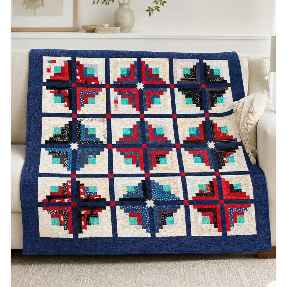 Handmade Log Cabin Patchwork Quilt 57.5x57 Chicken Backing Red Blue Throw